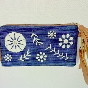 Women’s Blue Floral Embroidered Zippered Wallet Wristlet Boho Style with Tassel
